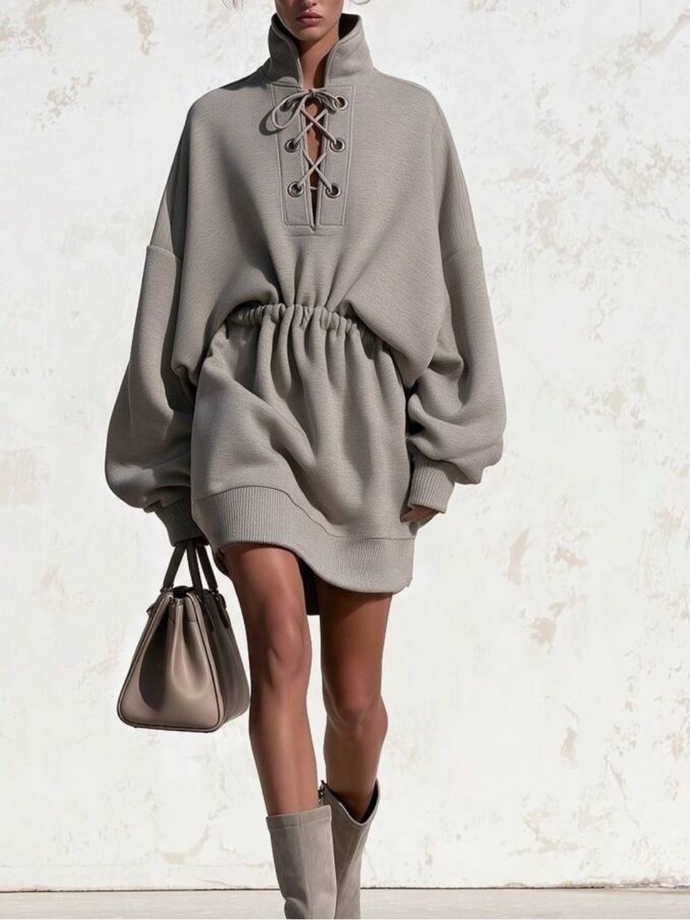 Women Oversized Stand Collar Mini Sweatshirt Dress, Lace‑Up Front Long Sleeve
